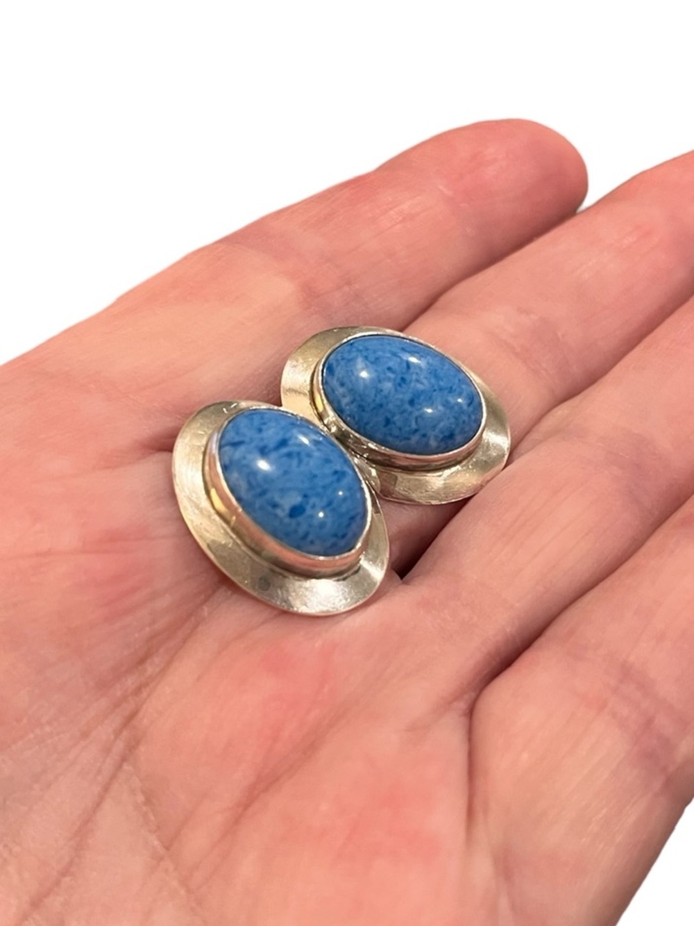Vintage Estate Sale Item Blue Stone Sterling Silver Oval Pierced Earrings